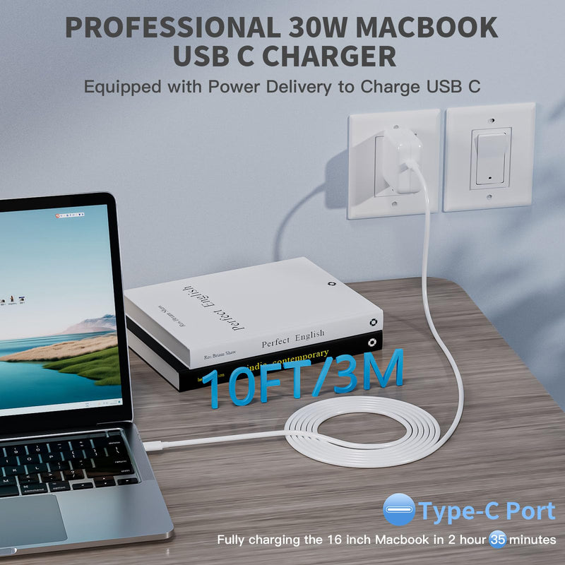 Mac Book Air Charger, 10FT Extra Long USB C to C Cable with Portable 30W USB C Power Adapter Compatible with MacBook Air M1 M2 M3 M4, MacBook Pro 13-16 Inch,iPad Pro,iPhone 16/17 and All USB-C Devices