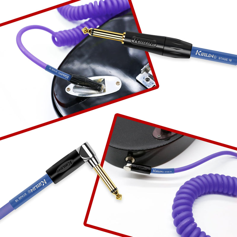 KIRLIN Cable Kirlin IMK-182BFGL-30/BLF-Straight to Right Angle ¼” Premium Coil Instrument Cable, Purple Translucent PVC Jacket-30ft, (IMK-182BFGL-30/BLF)