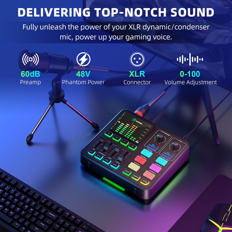 [AUSTRALIA] - PUPGSIS Gaming Audio Mixer, Audio Interface for PC/Podcast/Streaming, Sound Board with 3.5mm/XLR Mic Input, 48V Phantom Power, Voice Changer, Live Sound Card with DJ Mixer Effects/Bluetooth/4 Channel Black 