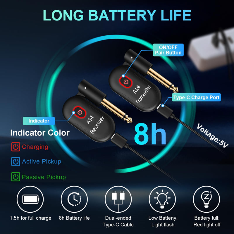 A14 Wireless Guitar System 2.4GHz 2 Modes, Thumb-Size, 90° Rotatable, Wireless Guitar Transmitter Receiver 100ft Range, Plug & Play for Guitar, Bass, Violin, Keyboard - Black (2TX + 1RX) 2TX + 1RX