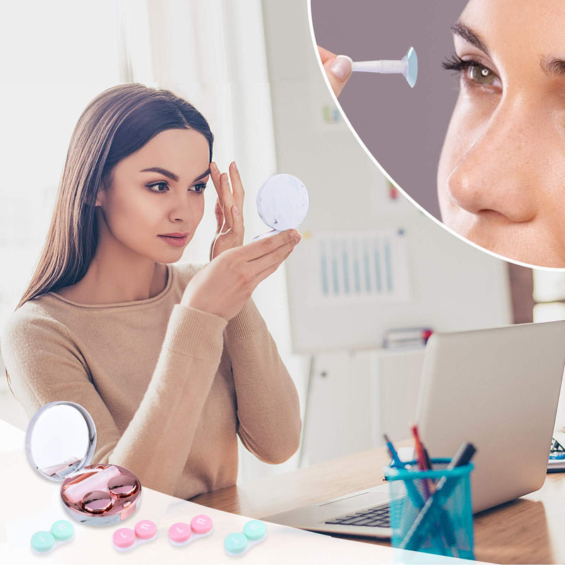 Contact Lens Case，Portable Travel Contact Lens Box with Mirror Tweezers Remover Tool Solution Bottle for Travel & Home D-Rose Gold
