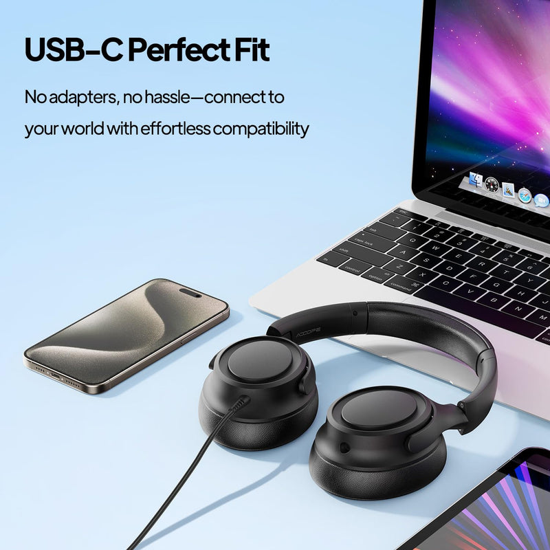 ADOOPE Wired Over-Ear Headphones with USB C Connector, Hi-Fi Stereo Sound, Noise-Isolating Ear Cups, Comfortable Fit for USB C Devices (Black + Pink)