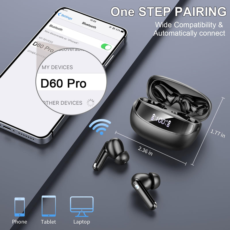 2026 Wireless Earbuds 5.4, Bluetooth Headphones HiFi Stereo, 50H Playtime | In-Ear Headphones with 4 ENC Noise Cancelling Mics, IP7 Waterproof Wireless Headphones, Earbuds for iOS/Android, LED Display Midnight Black