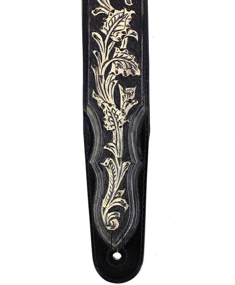 Walker & Williams KH-02-BLK Onyx Black Hand Carved Leather Padded Guitar Strap With Traditional Western Tooling For Acoustic, Electric, And Bass Guitars