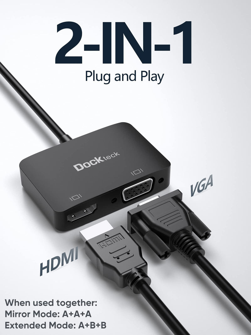 USB C Video Adapter, Type C HDMI VGA Adapter 4K@60Hz, USB C VGA Adapter 1080P, Dockteck USB-C VGA Splitter for MacBook Pro/Air, iPad Pro/Air, Chromebook, Surface Pro/Go, Dell Xps, Pixelbook, Galaxy Black-4K@60Hz