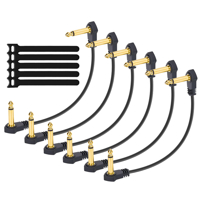 12-Inch Flat Guitar Patch Cables 6 Pack, Ultra-Thin 6.35mm Right-Angle Guitar Effects Pedal Board Patch Flat Cord, Thin-Type Save More Space Pedal Board Cables Gold Plated Connector 1/4 TS Copper Wire 12 Inch C-shaped
