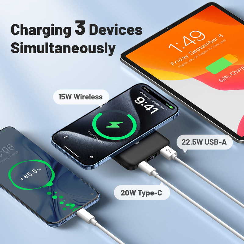 AOGUERBE for Magsafe Battery Pack, 10000mAh Magnetic Power Bank with (22.5W) USB-C Fast Charging, Wireless Mag-Safe Portable Charger with LED Display & Foldable Stand for iPhone 16/15/14/13/12 Series Black
