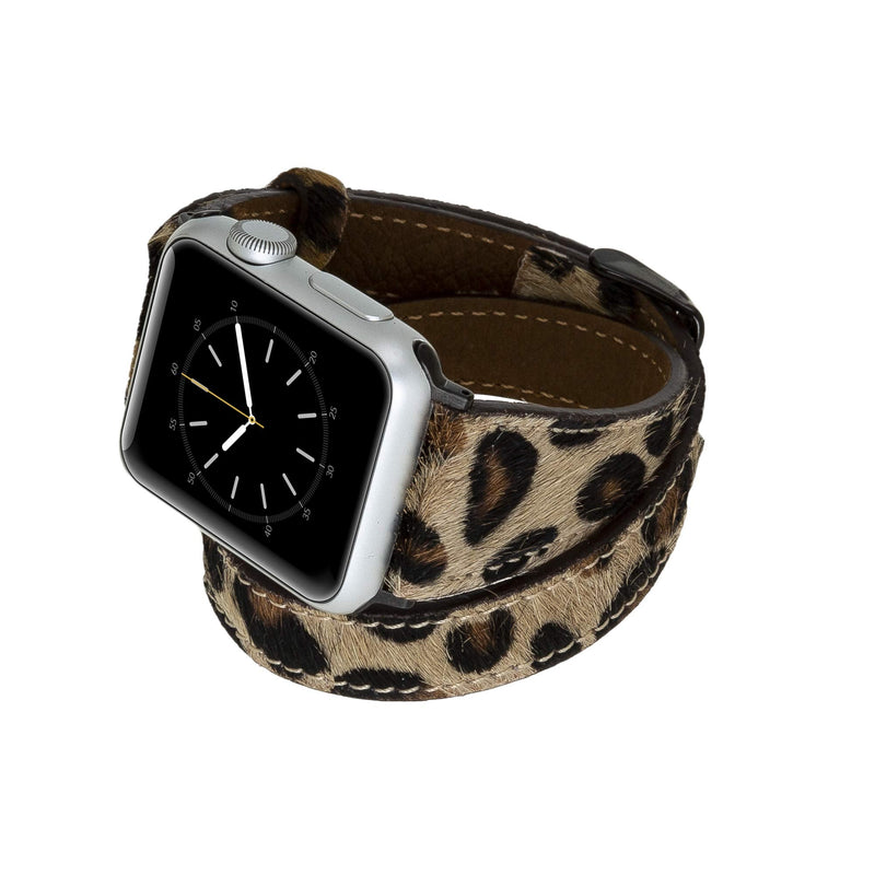 Venito Serena Slim Double Wrap Leather Watch Band Compatible with Apple Watch iwatch Series 1, 2, 3, 4, 5, 6, 7, SE (Furry Leopard w/Black Stainless Steel Hardware, 38mm-40mm)
