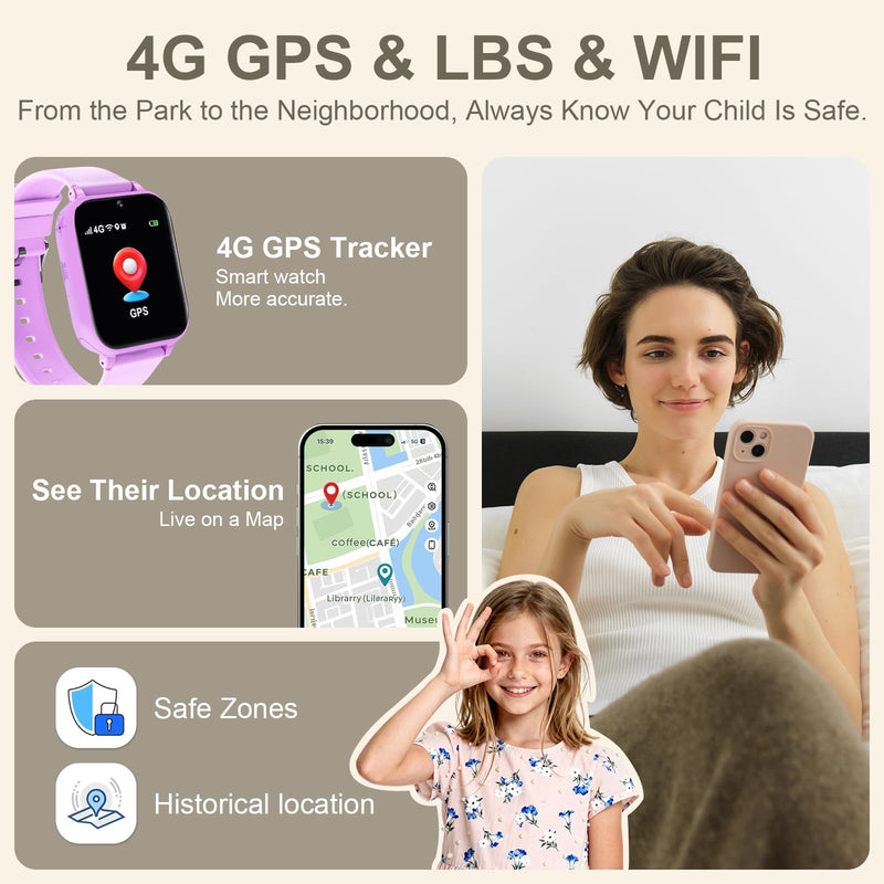Kids Smartwatch for Boys Girls with GPS Tracker 4G LTE Calling & Real-Time Location Tracking, Kids Watch with Video Chat, Camera, Games, SOS Call Watch for Children Age 3-15 (Purple)