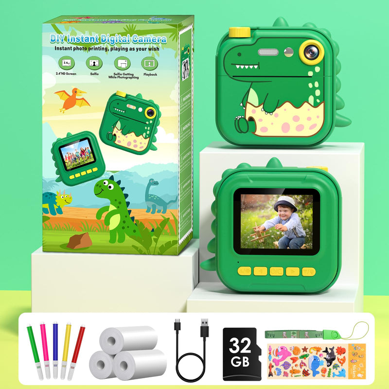 Kids Camera Instant Print,2.4 Inch Screen 12MP / 1080P HD Video Camera,3-12 Boys Girls Christmas Birthday Dinosaur Toys Gifts,Kids Instant Digital Camera Green