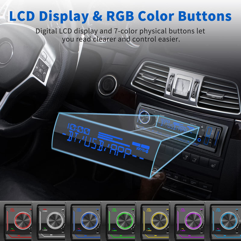 Single Din Car Stereo Receiver: Indash Bluetooth Car Radio System | LCD Display FM AM USB SD AUX MP3 APP Remote 2.1A Quick Charge Pre-Amp