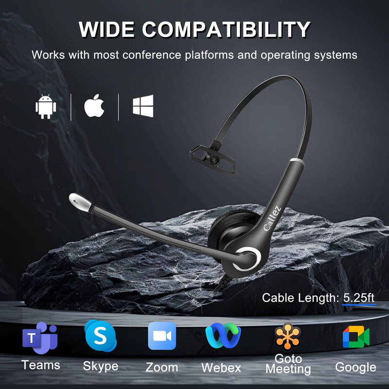 Callez Wired Computer Headset, 3.5mm/USB-C Headset with Mic Noise Cancelling, Cell Phone Headphone for PC Laptop Mac iPhone 15/16/17 Samsung Zoom Teams Call Center Home Office Work, in-line Controls Black