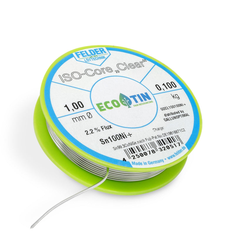 GALLUNOPTIMAL Solder Tin ISO Core Soldering Wire Clear Sn100Ni+ Sn99.3CuNiGe 1 mm on 100 g Spool Made by Felder GmbH in Germany
