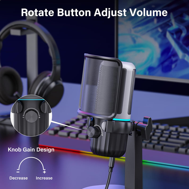 USB Condenser Gaming Microphone, PC Microphone for Streaming, Podcasts, Recording, Desktop Computer Mic with Mute Button & LED Indicator, Volume Control, Headphone Jack