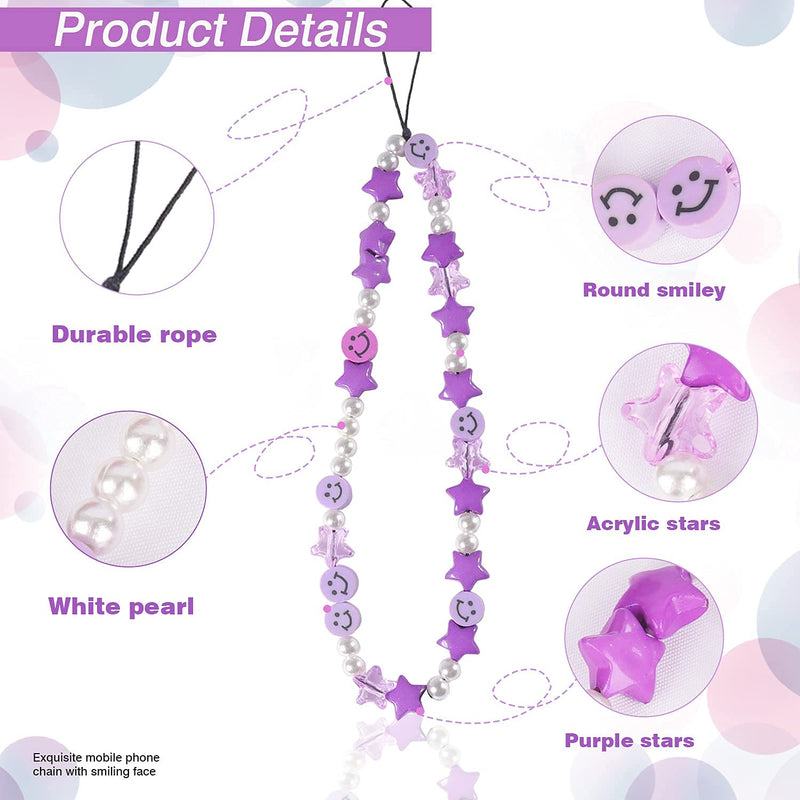 Phone Charm Lanyard, 1Pcs Smiley Face Beaded Phone Charm Strap Colorful Star Smiley Soft Ceramic Keychain for Women Girls Purple