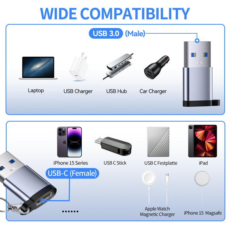 USB to USB C Adapter USB C Male to USB 3.0 Female 2 Pack, Type C Female to A Male Charger Converter，USB C Female to USB Male Adapter Compatible for Apple Watch Ultra 8 9,iPhone 15 Pro Max 14 13 12,OTG