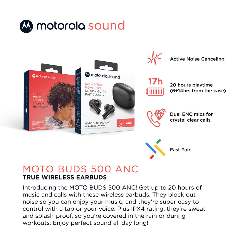 Motorola Sound Moto Buds 500 ANC True Wireless Earbuds, IPX4 Water Resistant Touch Control Ear Buds with Dual Noise Cancelling Microphone, Charging Case, Black