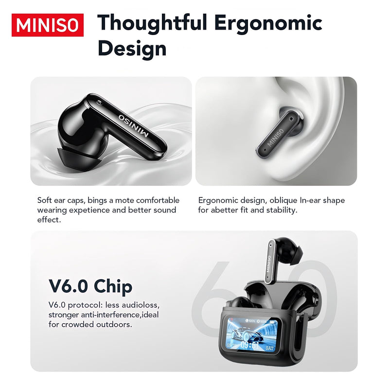MINISO MS128 ANC Bluetooth 6.0 in-Ear Earbuds Touch Screen Charging Case | Adaptive Noise Cancellation HD Call Mic, IPX5 Sweatproof, 24H Long Playtime Ergonomic Fit for Commute Travel Sports Daily Use Black