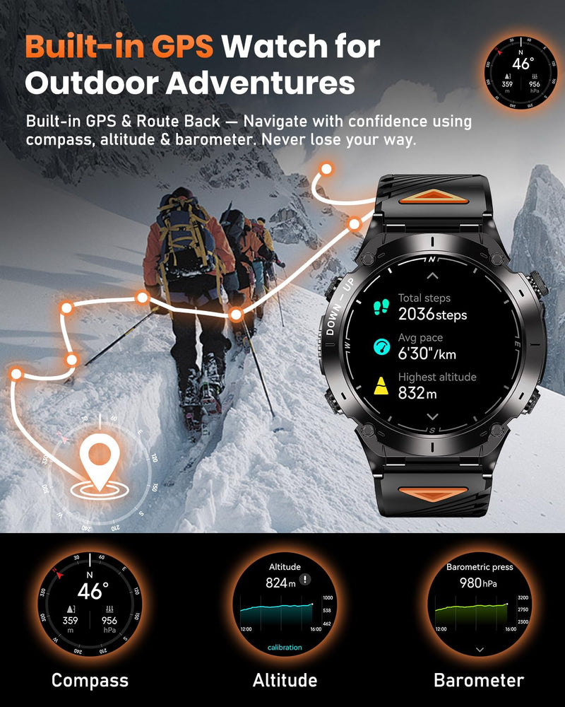 GPS Military Smart Watch for Men with Flashlight, 1.43'' AMOLED Smartwatch with Bluetooth Calling, 730mAh Battery, IP68 Waterproof, 170+ Sports Modes, Compatible with Android & iPhone