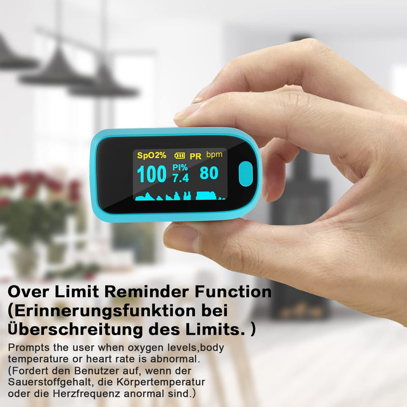 MOMMED Pulse Oximeter, Oxygen Saturation Meter, Finger Pulse Oximeter with Alarm for Measuring Oxygen Saturation (SpO2), Pulse Monitor for Children and Adults, OLED Display that Rotates blue-white