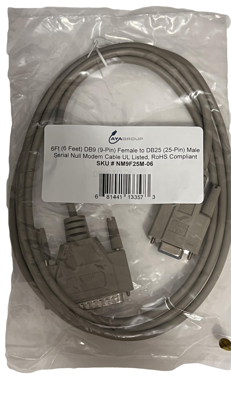 AYA DB9 (9-Pin) Female to DB25 (25-Pin) Male Serial Null Modem Cable (6Ft) 6Ft