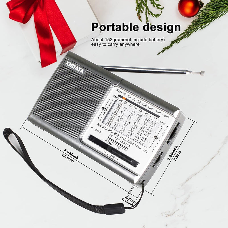 XHDATA D219 Portable AM FM Shortwave Radio Battery Operated Small Great Reception Radio with Good Sound,Earphone Jack for Gift Elder,Home,Child [Sliver] Sliver