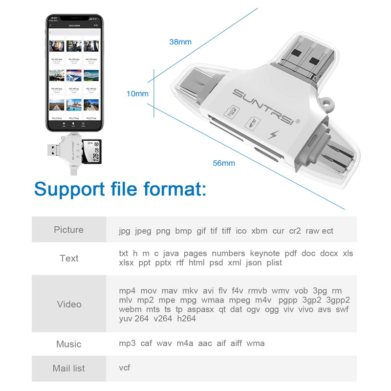 SD/Micro SD Card Reader for iPhone/ipad/Android/Mac/Computer/Camera,Portable Memory Card Reader 4 in 1 Micro SD Card Adapter&Trail Camera Viewer Compatible with TF and SD Card white