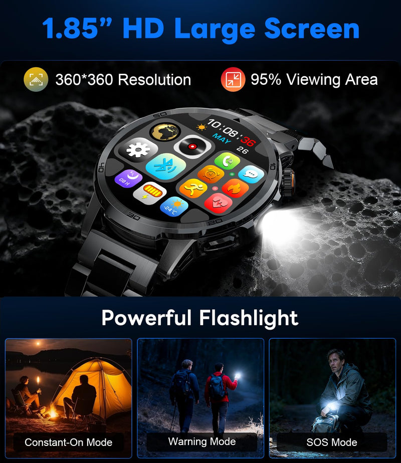 Military Smart Watch for Men Answer/Make Call, 1.85'' HD Rugged Smartwatch with 1000mAh Battery/Flashlight/Heart Rate/110+ Sports Mode, IP68 Waterproof Fitness Tracker Watch for Android iPhone Black