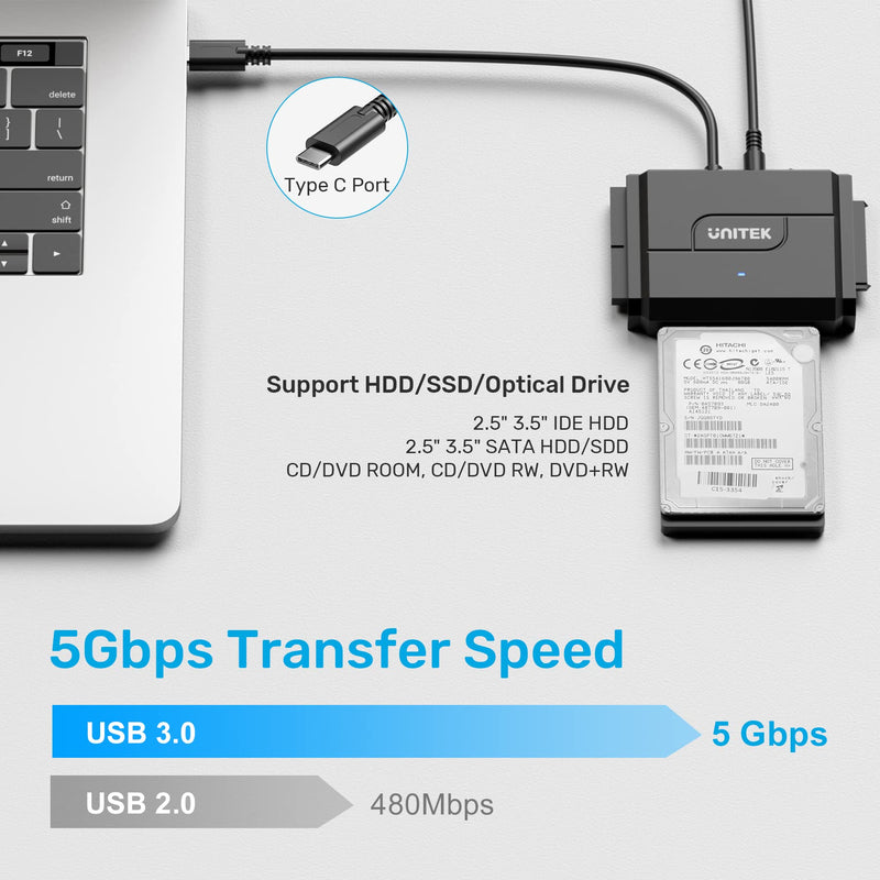 IDE/SATA to USB C 3.0 Adapter, Unitek Universal IDE Hard Drive Little Triangle pro Converter for 2.5"/3.5" Inch IDE and SATA External HDD/SSD, Support 10TB Type C