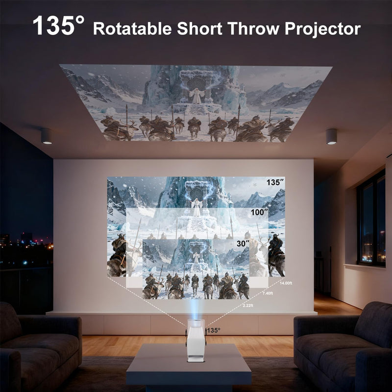 [Built-in Apps & 4K Support ] Mini Projector with Wifi and Bluetooth,Portable Projector Native 1080P Support Auto Keystone Movie Projector Compatible with HDMI/USB/iOS/Android,135° for Home,Outdoor White
