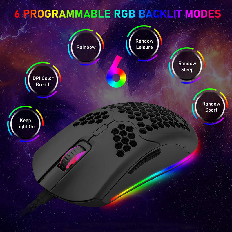 Lightweight Gaming Mouse,26 Kinds RGB Backlit Mice,PixArt 3325 12000 DPI Mouse,Ultralight Honeycomb Shell Ultraweave Cable Mouse and Anti-Key Can Be Set for PC Gamers and Xbox and PS4 Users(Black) Black RGB