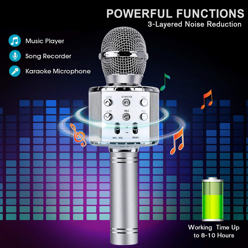 4 in 1 Karaoke Wireless Microphone with LED Lights, Portable Microphone for Kids, Great Gifts Toys for Kids, Girls, Boys and Adults (Silver) Silver