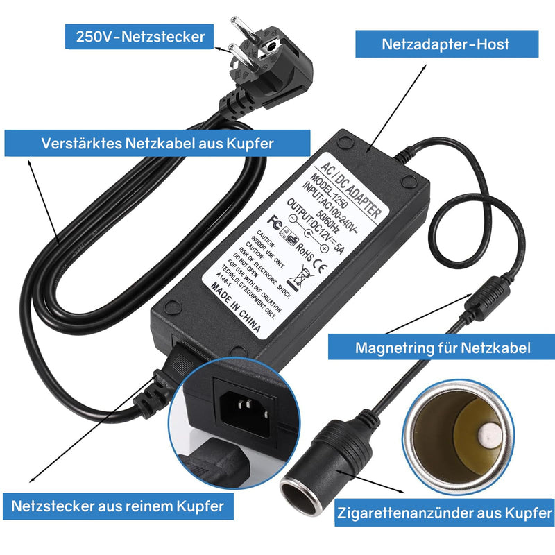 Powice Voltage Converter 230 V to 12 V, Adapter Cigarette Lighter Socket 5 A 60 W, Adapter 12 V to 230 V Suitable for Car Cool Box, Vacuum Cleaner Cigarette Lighter Car Fan Humidifier