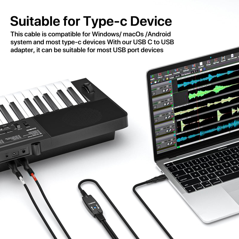Type-C to MIDI Cable 6.5Ft,Type-C MIDI Interface Adapter,MIDI to Type-C Cable Converter for Music Keyboard Piano to PC Mac Laptop Windows Android