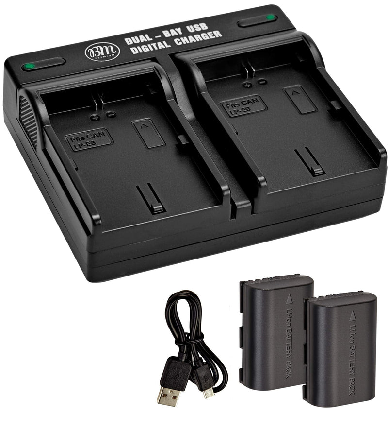 BM Premium 2 Pack of LP-E6NH High Capacity Batteries and Dual Bay Battery Charger for Canon EOS R EOS R5 EOS R6 EOS R6 II EOS R7 EOS 90D EOS 60D EOS 70D EOS 80D EOS 6D II EOS 7D EOS 7D Mark II Cameras