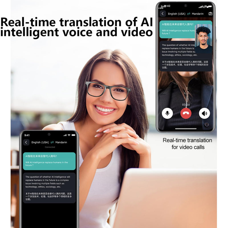 AI Translation Glasses,Smart Glasses for Men & Women with ChatGPT,164-Language & AI Real-time Translation , 7 Day Ultra-Long Standby,UV400 Blue-Light Blocker,Waterproof,Voice-Assistant AI Glasses