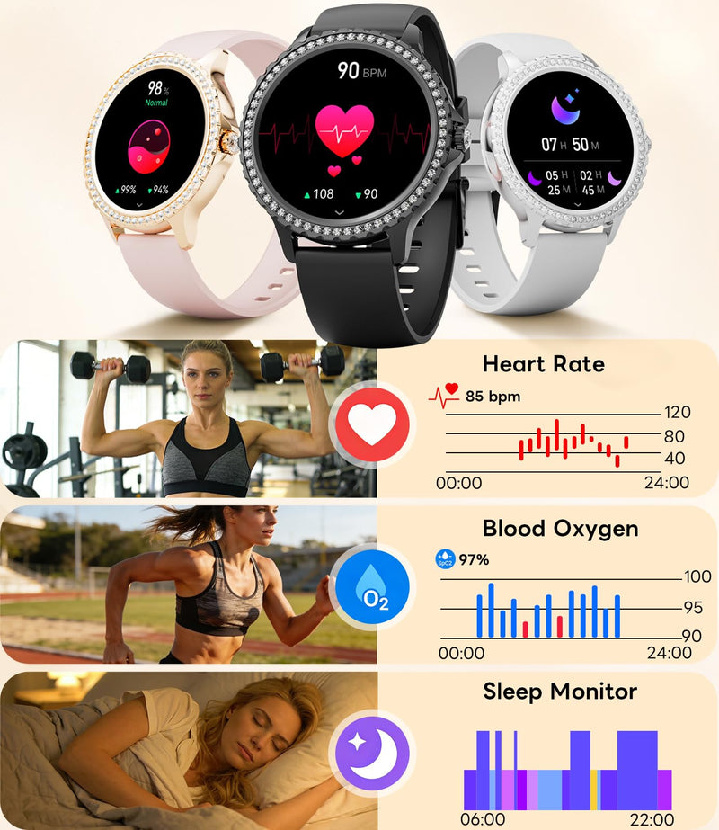 Smart Watch for Women Diamond, Bluetooth Calls, 1.32-inch HD Screen Round Fitness Tracker with Menstrual Cycle/Sleep/Heart Rate Monitor, 100+ Sports Mode, Android/iOS Phone, Rose Gold