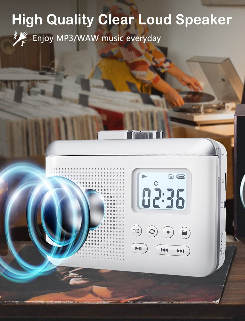 Portable Cassette Player Recorder Converter,Cassette to MP3 via SD Card, Walkman Cassette Tape Player with 1000mah Rechargeable Battery,Built-in Microphone&Speaker,Headphone Jack,16GB SD Card