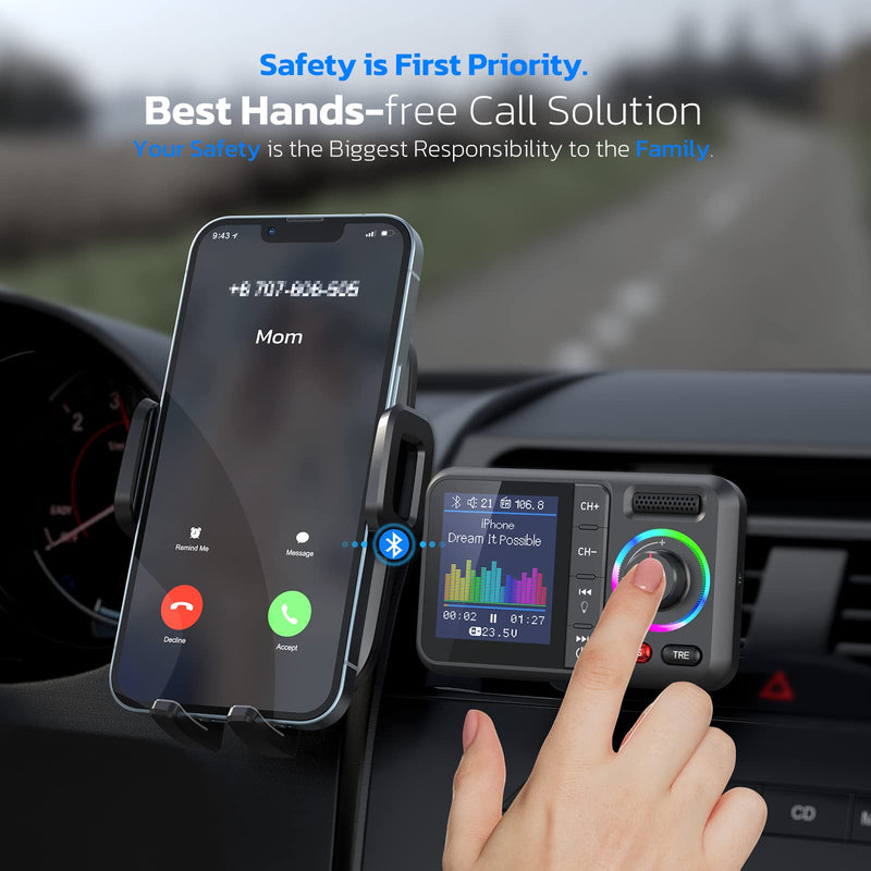 [AUSTRALIA] - Nulaxy Bluetooth FM Transmitter for Car, Wireless Car Bluetooth Adapter V5.0 with Big Color Screen, Support QC3.0 Fast Charging, Hands-Free Call, MP3 Music Player BASS&TRE Booster, TF Card/AUX-KM28 Black 