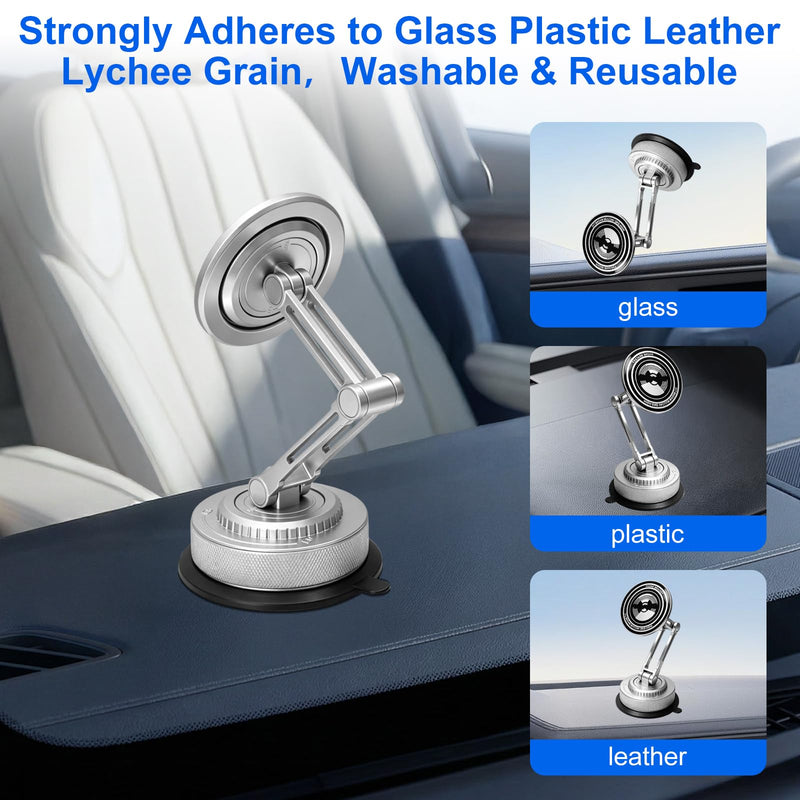 All-Metal Alloy Long Arm Magnetic Suction Cup Car Phone Mount(Silver) | Strong Powerful Magnetic Heavy-Duty Windshield Dash 360° Mechanical Rotation Cell Mobile Phone Vehicle Bracket for All Cars Silver