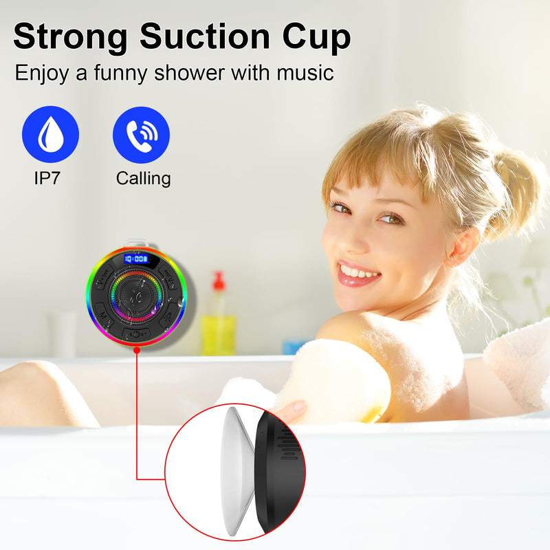 [AUSTRALIA] - Shower Bluetooth Speaker IPX7 Waterproof, Portable Bluetooth Speakers with Suction Cup and Time Display, Crystal Sound&Bass LED Light 1100mAh, Wireless Shower Speaker for Outdoor/Kayak/ Gifts/Beach Black 