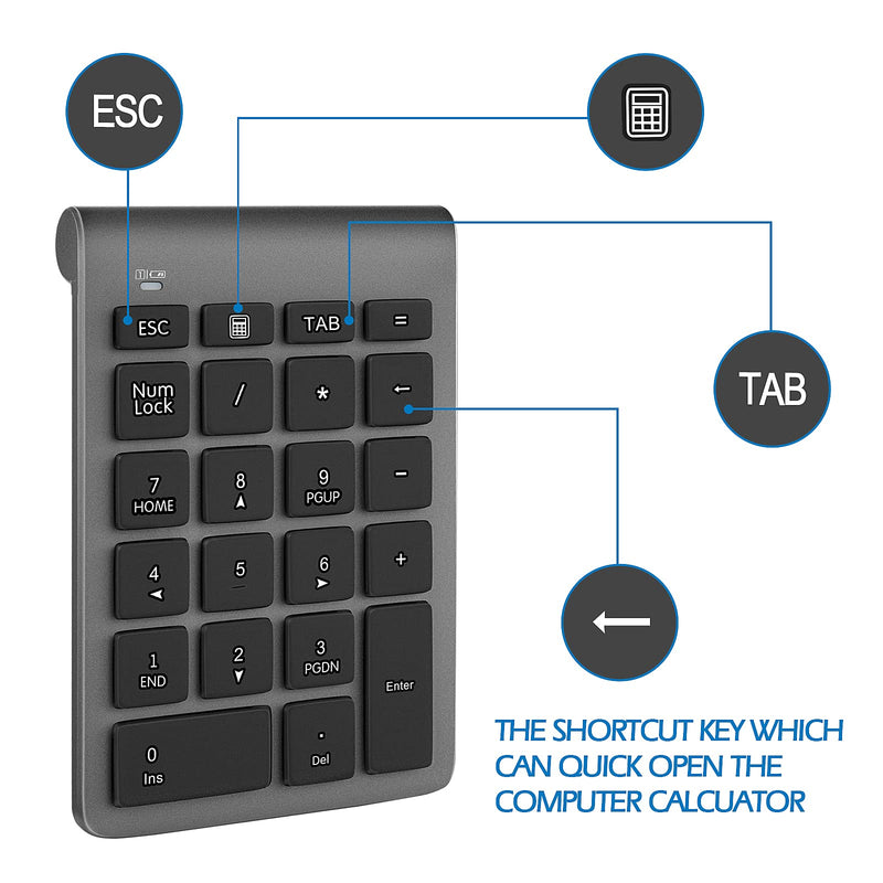 Number Pads, Foloda Wireless Eexternal Data Entry Numeric Keypads 22 Keys 2.4G Num Pad for for Laptop, PC, Desktop, Surface Pro, Notebook Grey