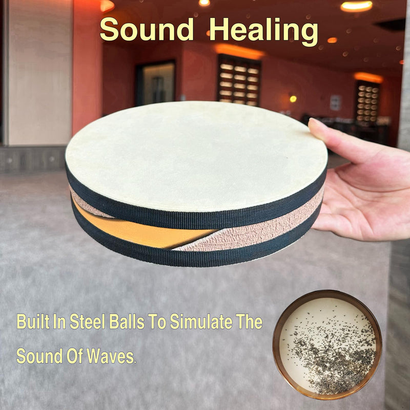 Ocean Drum,10'' Handmade Wooden,Natural sheepskin，Musical Healing Instrument, Orff Percussion, Simulates the Sound of Ocean Waves,For Recreation,Yoga Meditation, Stress Relief and Relaxation