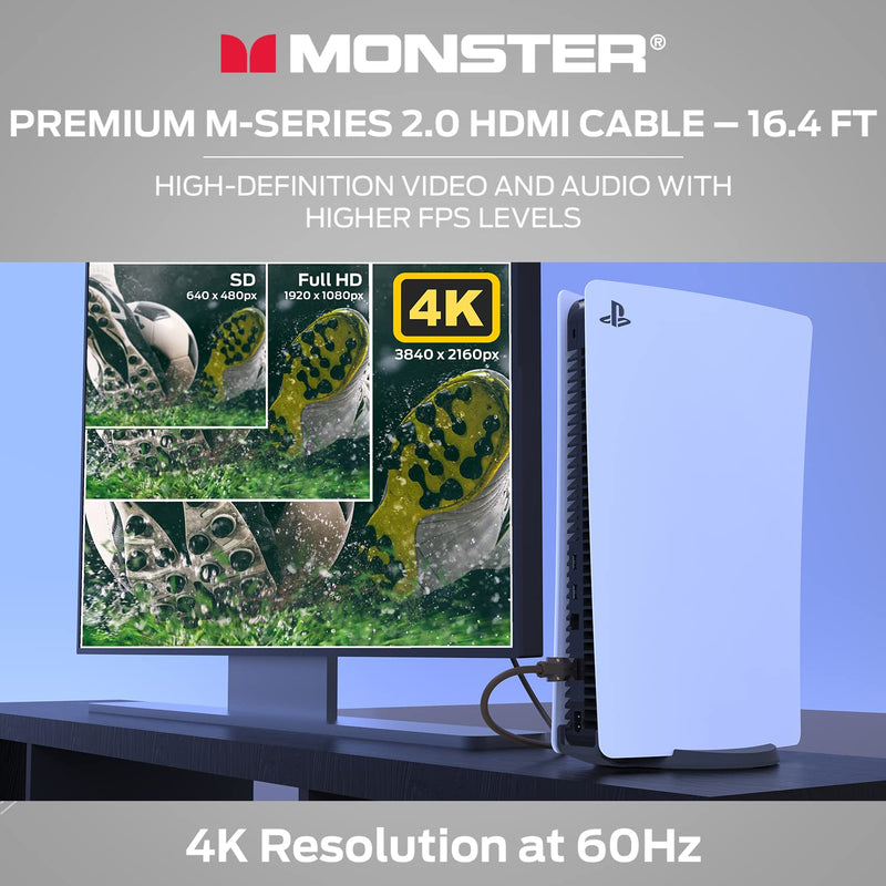 Monster M-Series Certified Premium HDMI Cable 2.0, High-Speed 22.5 Gbps, 4K UHD 60Hz, Triple-Layer Shielding, Duraflex Jacket, HDMI Cable for TV, Monitor, Gaming, PC, 16.4 ft 16.4-Feet