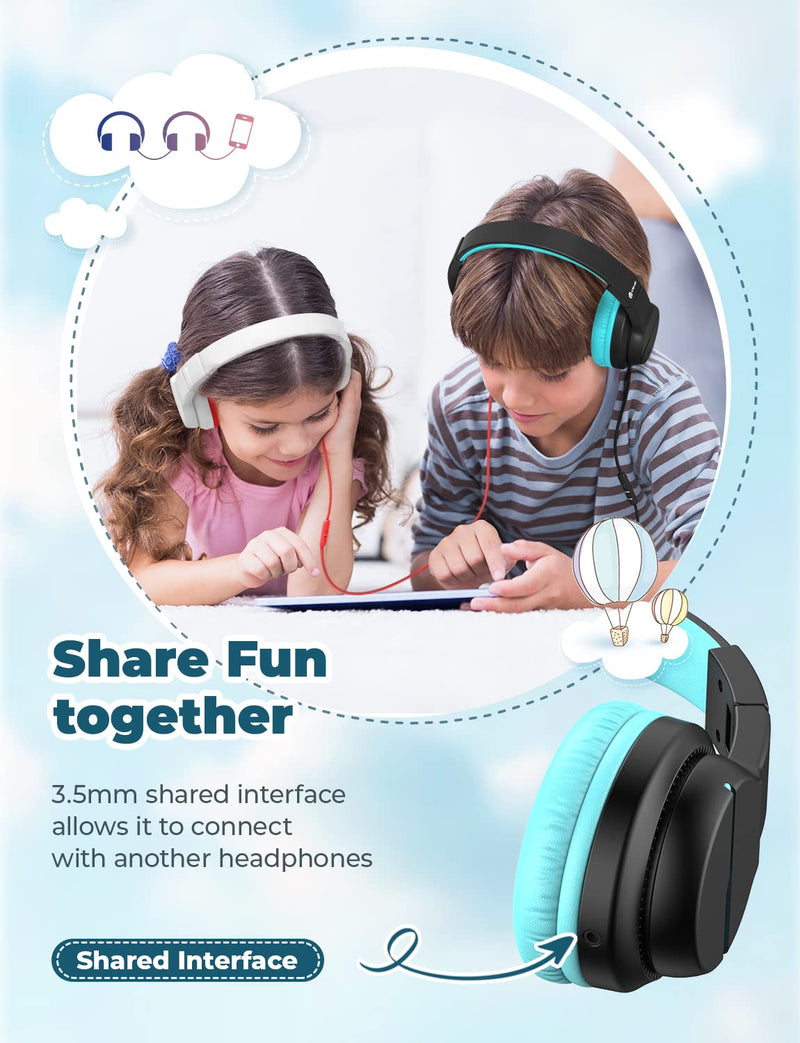 iClever HS19 Kids Headphones with Microphone for School, Volume Limiter 85/94dB, Over-Ear Girls Boys Headphones for Kids with Shareport, Foldable Wired Headphones for iPad/Travel (Black) Black