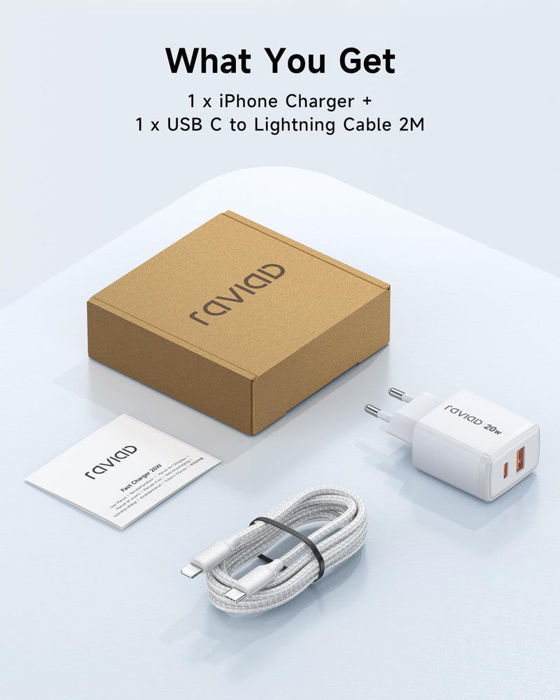RAVIAD iPhone Charging Cable and Quick Charger [MFi Certified] 20W iPhone Charger, 2M USB C to Lightning Cable with Power Adapter Charging Plug for iPhone 14 Pro Max 13 Plus 12 11 SE X iPad 1-Pack mit 2M Kabel