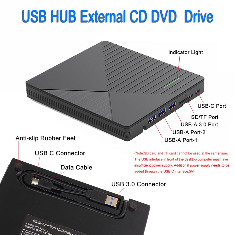 External CD DVD Drive for Laptop Mac with 3 USB Ports and 2 TF/SD Card Slots,USB 3.0 & USB-C CD DVD Optical Disc Reader Burner Player for MacBook Pro Air iMac Laptop PC Windows 11/10/8/7 Linux Mac OS