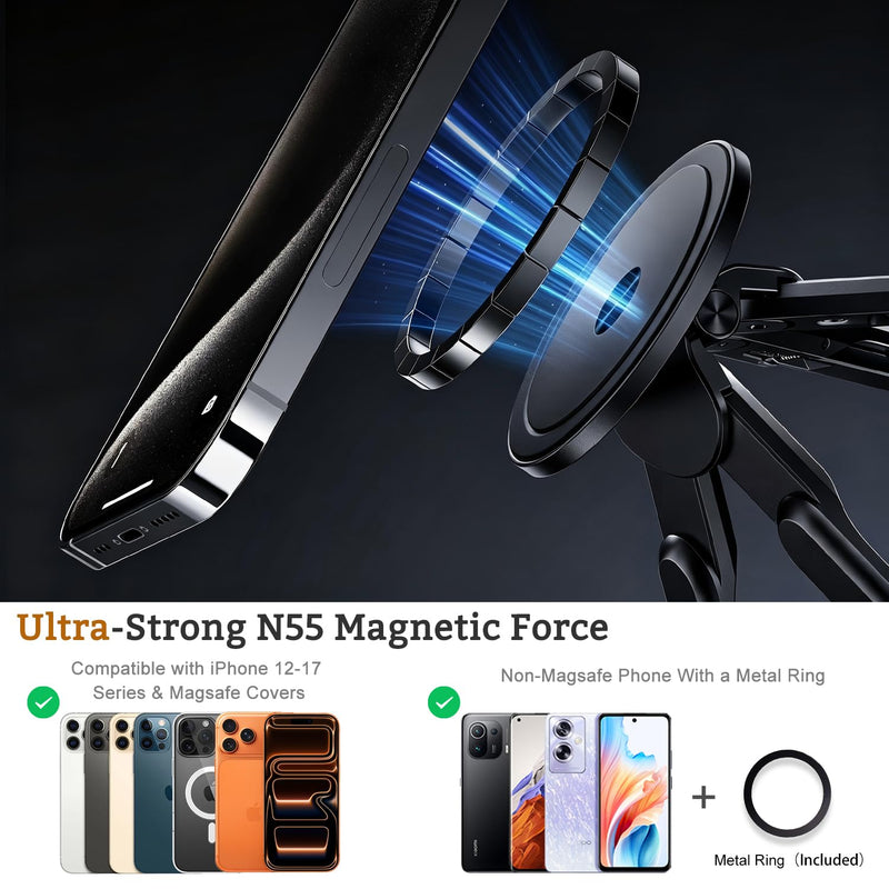 3-in-1 Portable Laptop Stand, Magnetic Tablet Phone Holder Mount | 8-Tier Ergonomic Lift Riser, Infinite Multi-angle Adjustable, N55 Strong Magnetic, Pocket Size for Travel, Vlog, Office Zoom Black