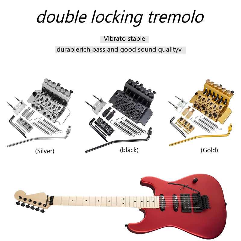 [AUSTRALIA] - Double Locking Tremolo Bridge System with Arm - Compatible with Floyd Rose & Strat Replacement| Chrome Upgrade Kit for Electric Guitars (Silver) Silver 