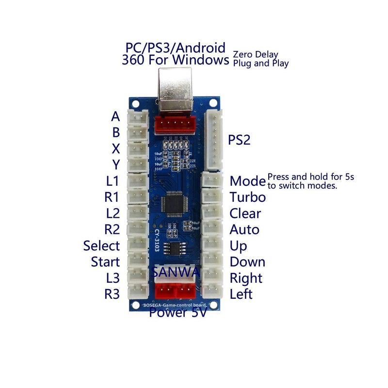 SJ@JX Arcade Controller Zero Delay Encoder PCB Board Arcade DIY Kit Joystick Button 5V Power for PC Raspberry Pi Android PS2 PS3 Sanwa